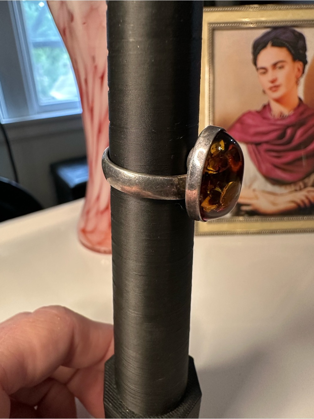 Vintage Sterling Silver Baltic Amber Cabochon Ring Adjustable Size 7.5 - Picture 6 of 11